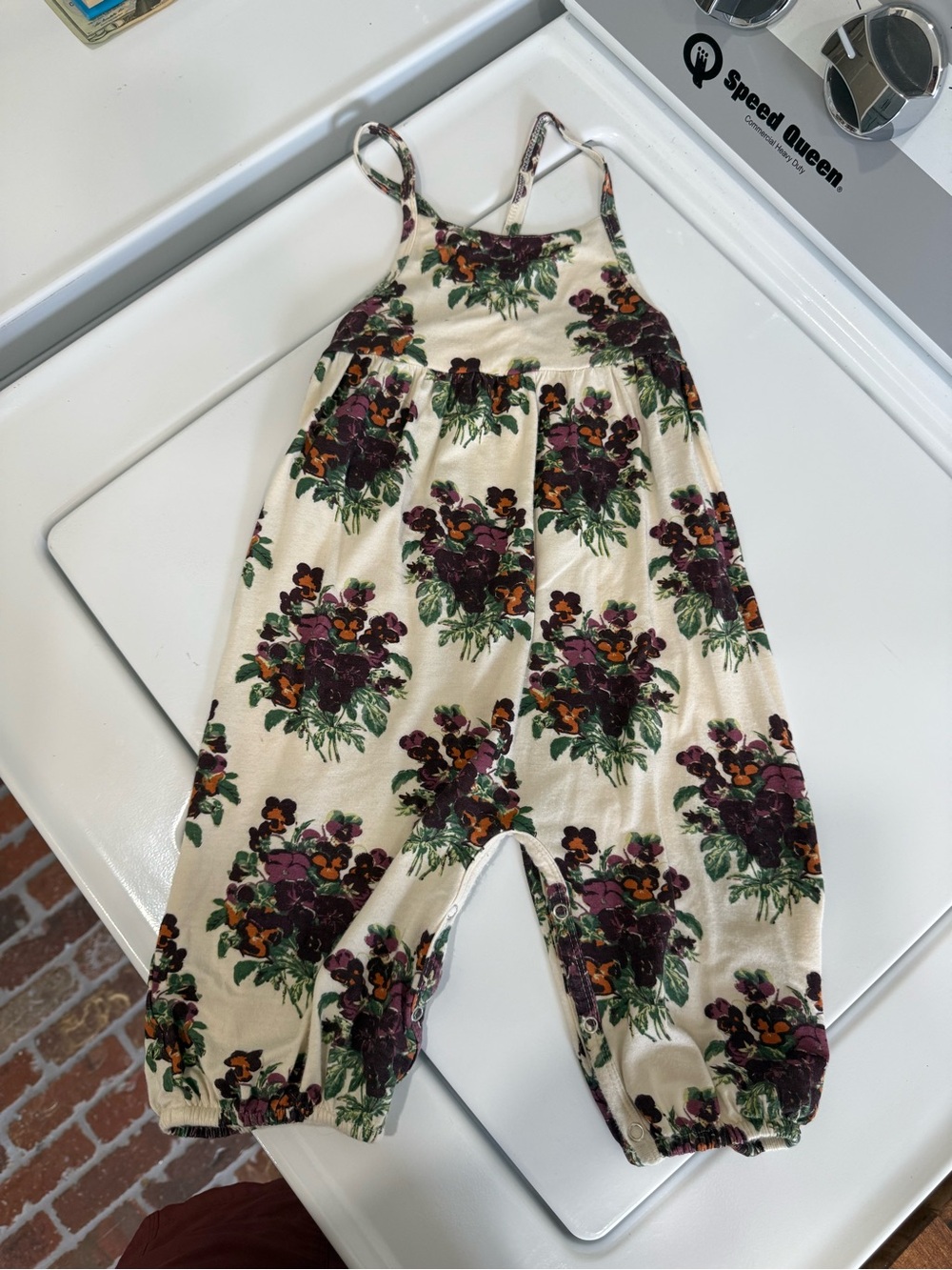 kate quinn Cream Floral Romper with Purple and Green Bouquet